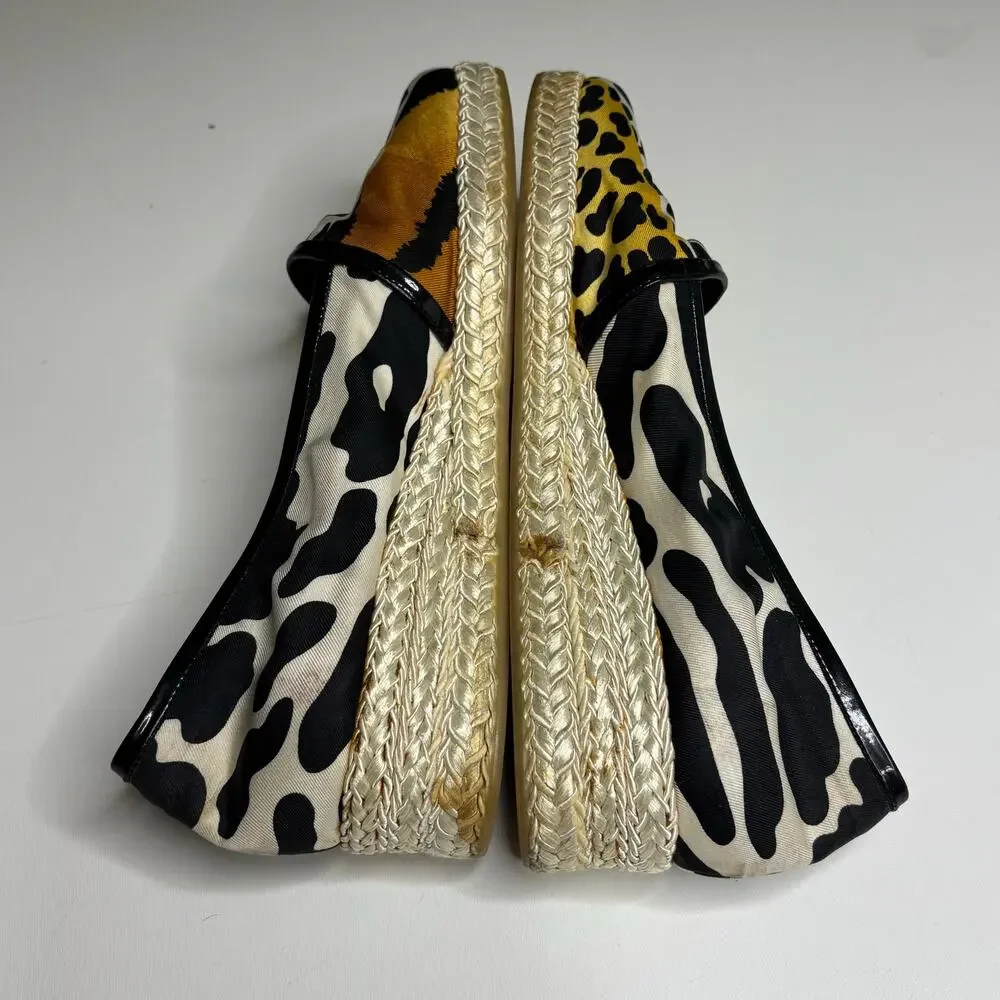 Stuart Weitzman Animal Print Slip On Mini Wedge Espadrilles Square Toe 9